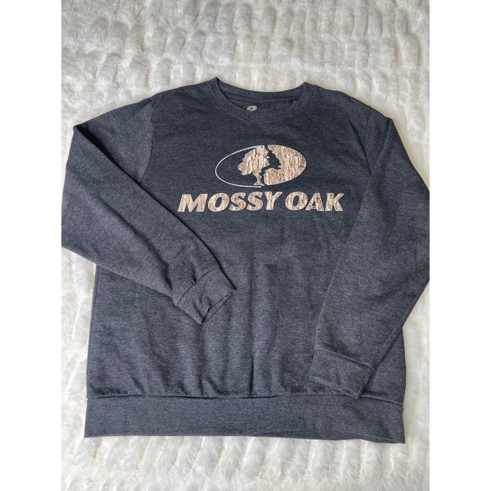 Mossy Oak Mens Sweatshirt Large Charcoal Gray Camo Logo Fleece Pullover L 42-44